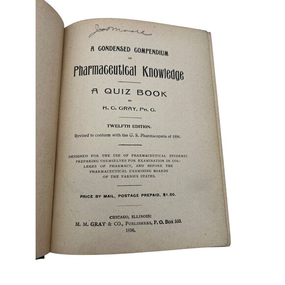Grays Pharmaceutical Quiz Compend Hardcover Book 1896 12th Ed H.C. Gray Vintage - Picture 3 of 11